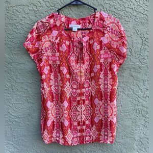 EUC LIZ CLAIBORNE Round Neck Tie Front Short Sleeve Boho Red Multicolored Top M